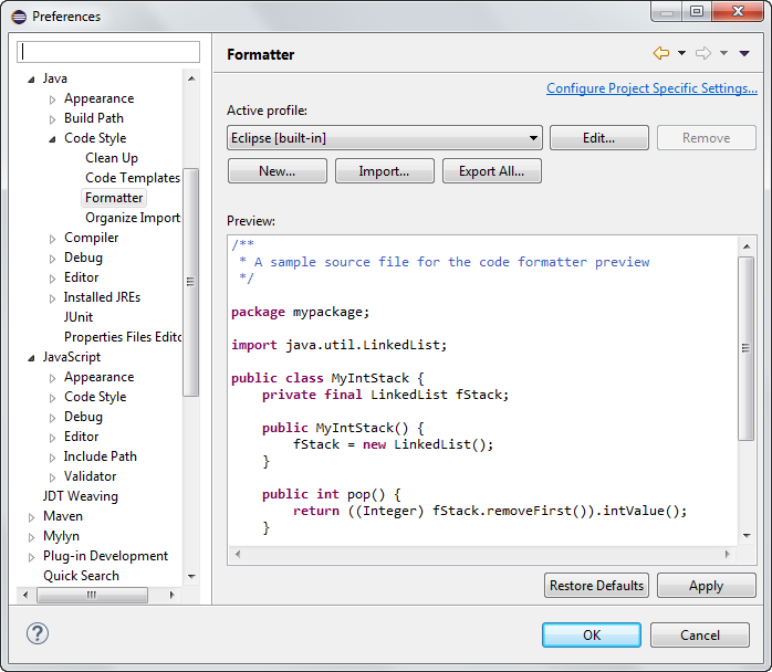 Java Formatter preference page