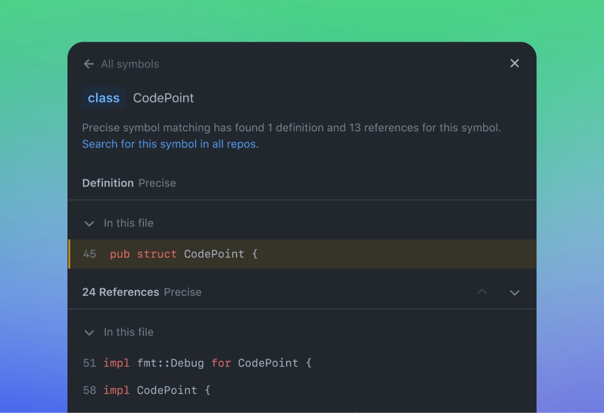 Screenshot of GitHub's code navigation panel showing details for the symbol CodePoint. It highlights the definition of CodePoint as a struct in the code and lists 24 references to it within the same file. The interface is dark-themed with a gradient background transitioning from green to blue.