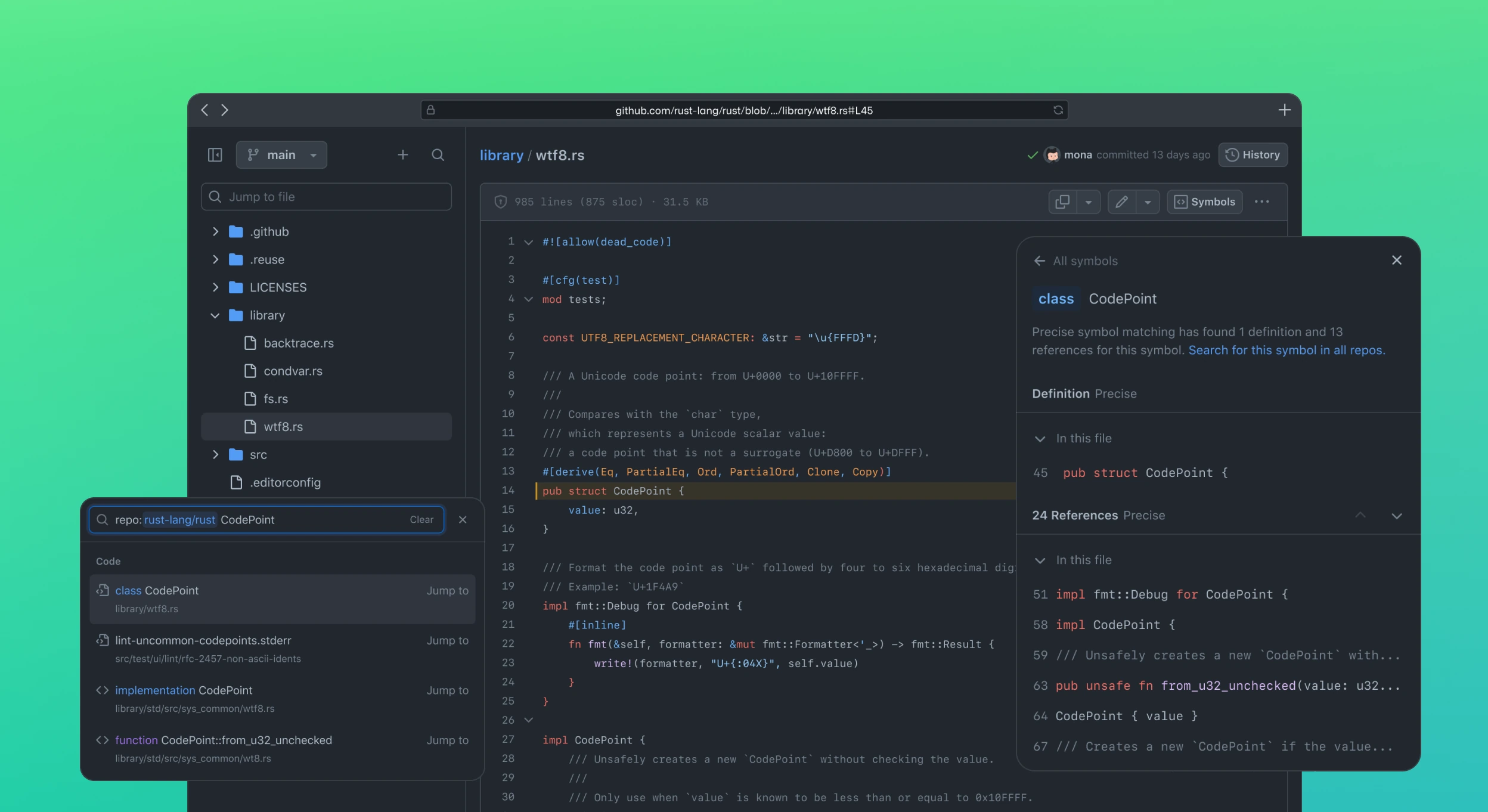 Screenshot of the GitHub code review interface displaying a repository's file structure and code editor. The left panel shows a file explorer with folders such as .github, .reuse, LICENSES, and library, with the wtf8.rs file currently open in the main editor. The code in the editor is written in Rust, defining a CodePoint struct and its related implementation. A search box at the bottom left shows search results for 'CodePoint' within the repository, listing various matches such as class CodePoint and implementation CodePoint. On the right side, a detailed symbol reference panel shows the definition of CodePoint and lists 24 references found in the code. The background features a gradient from green to teal, highlighting the focused and interactive nature of the code review process.